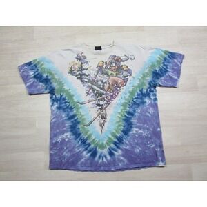 Vintage 1996 Grateful Dead Skiing Bear Liquid Blue Tie Dye Shirt (XL) Distressed